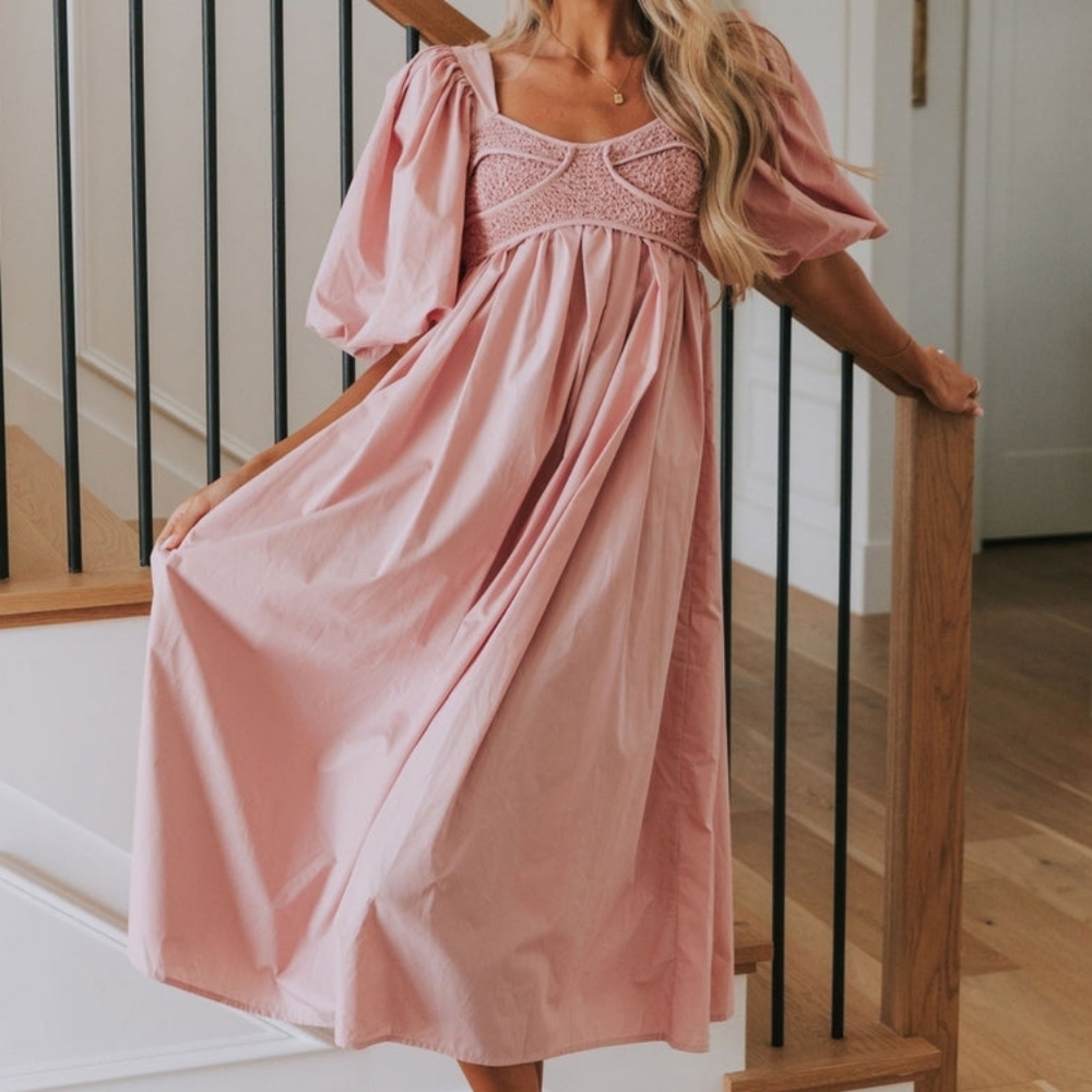 One Loved Babe "Change Of Heart" Blush Smocked Empire Puff Sleeve Midi Dress
